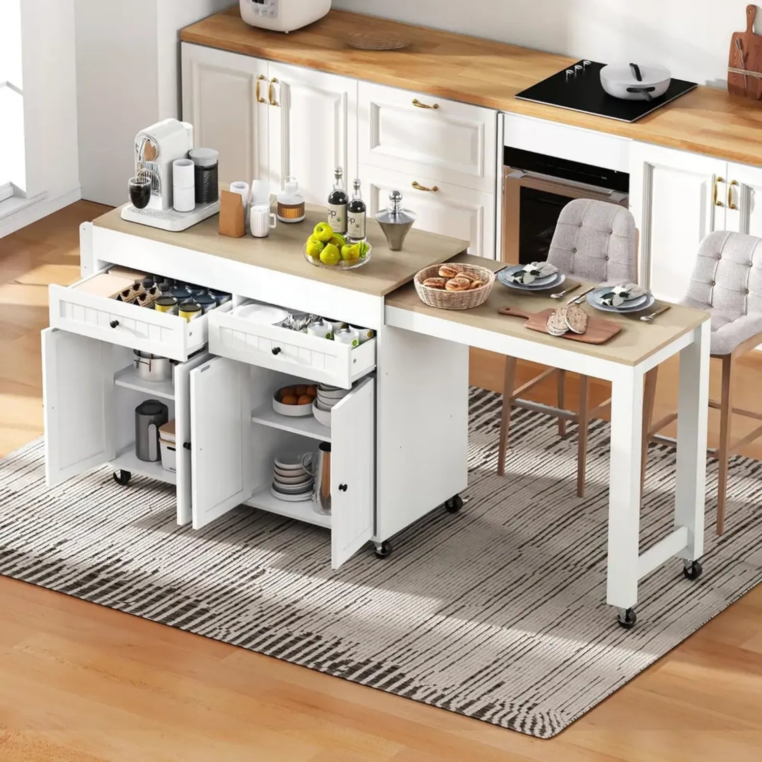 Freistehende Kücheninsel auf Rollen mit erweiterbarem Essbereich, Schubladen und Arbeitsfläche, Mobil für Küche und Esszimmer in Weiß und Naturholz